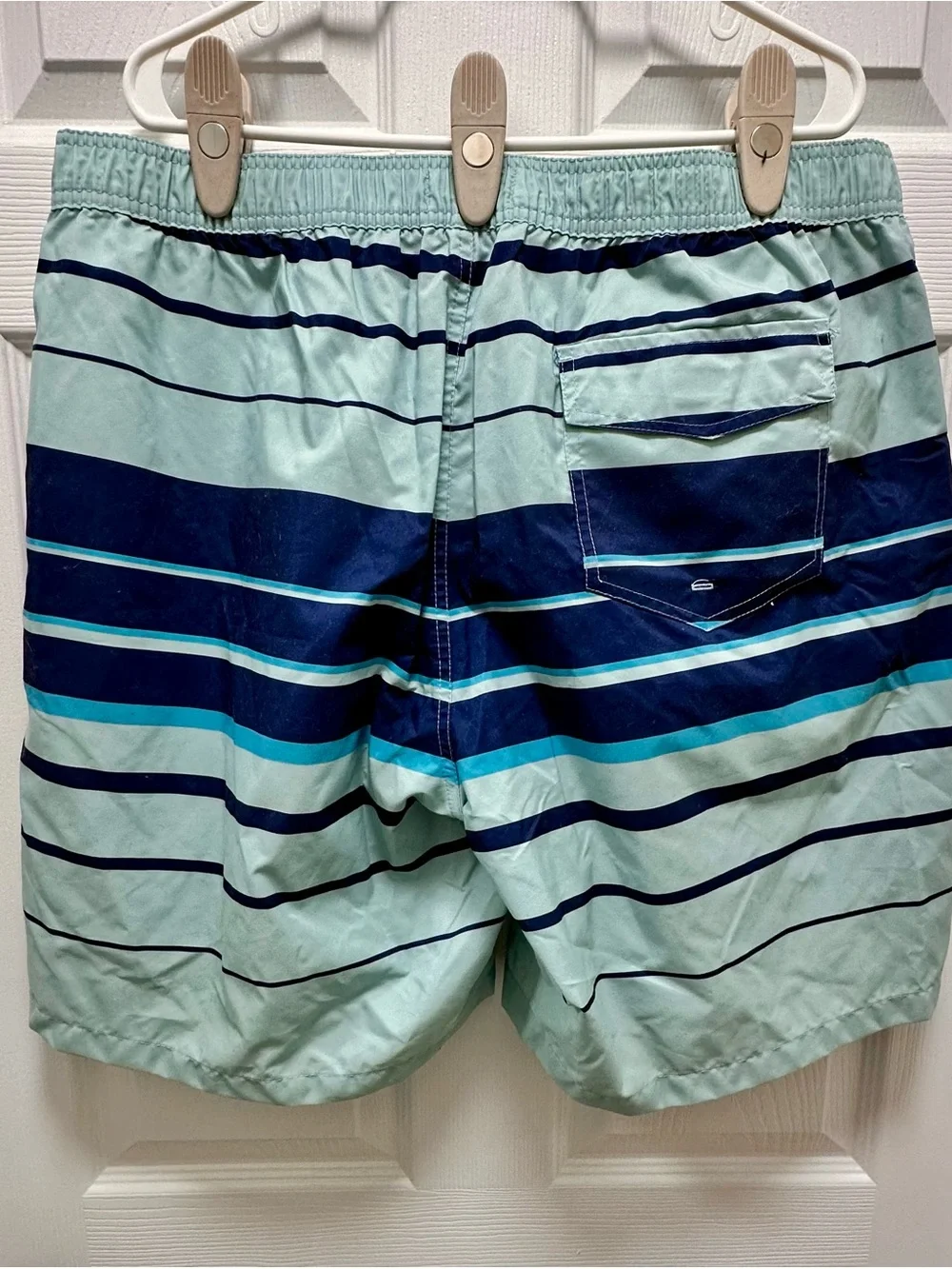 Men's Disney Mint and Navy Striped Athletic Swim Shorts featuring Mickey Mouse!